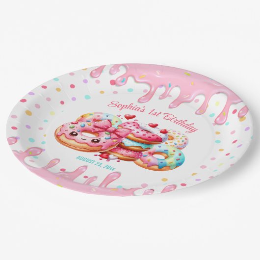 1歳の誕生日スウィート1かわいいドーナッツピンクの女の子 ペーパープレート (アングル)