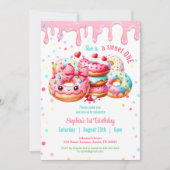 1歳の誕生日スウィート1かわいいドーナッツピンクの女の子 招待状 (正面)