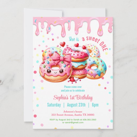 1歳の誕生日スウィート1かわいいドーナッツピンクの女の子 招待状 (正面)