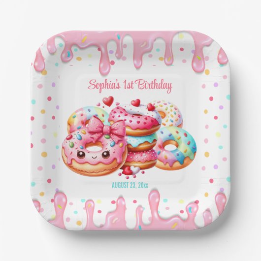 1歳の誕生日スウィート1かわいいドーナツピンクの女の子の広場 ペーパープレート (正面)