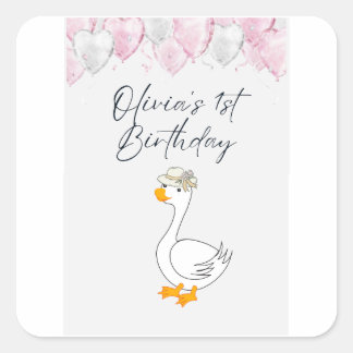 1歳の誕生日ステッカーセット | かわいいアヒルと風船 スクエアシール
