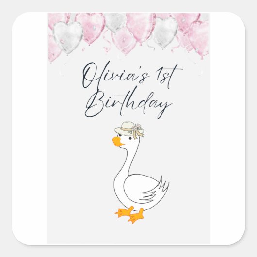 1歳の誕生日ステッカーセット | かわいいアヒルと風船 スクエアシール (正面)