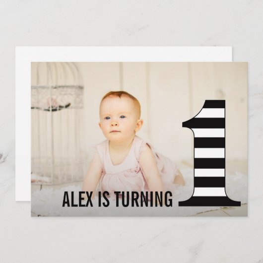 1歳の誕生日ストライプNumber Oneフォト招待状 招待状 (正面/裏面)