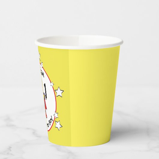 1歳の誕生日スーパーヒーロー漫画イエローレッドブルー 紙コップ (左)