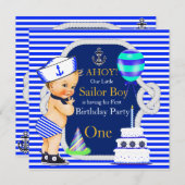 1歳の誕生日セーラーボーイ海軍ブルーストライプブロンド 招待状 (正面/裏面)