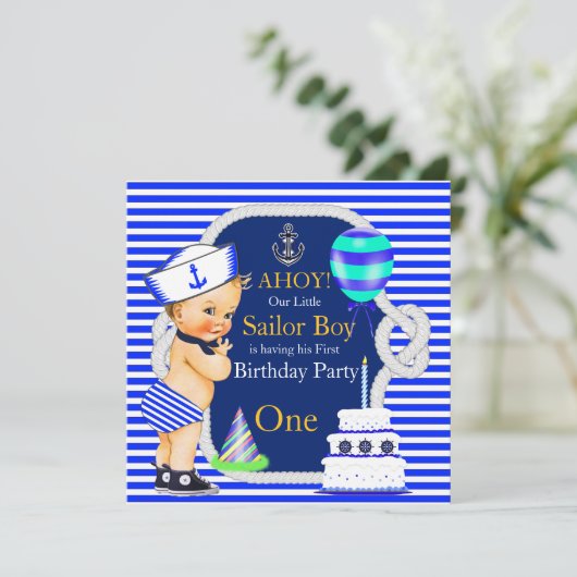 1歳の誕生日セーラーボーイ海軍ブルーストライプブロンド 招待状 (スタンド正面)