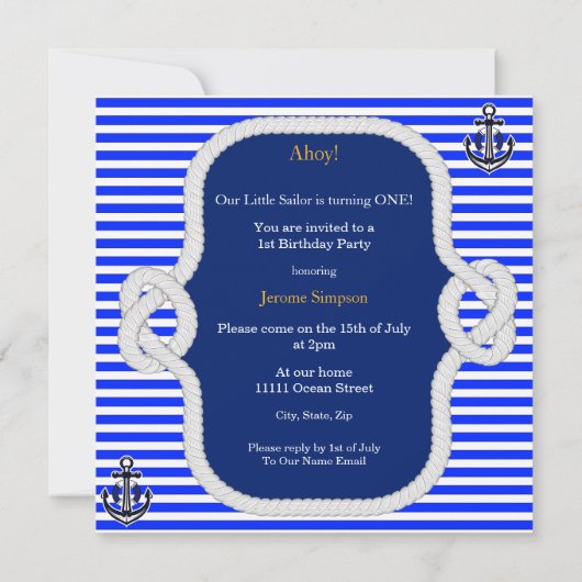 1歳の誕生日セーラーボーイ海軍ブルーストライプブロンド 招待状 (裏面)