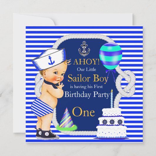 1歳の誕生日セーラーボーイ海軍ブルーストライプブロンド 招待状 (正面)