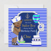 1歳の誕生日セーラー服 男の子 ネイビーブルーストライプ エスニック 招待状 (正面)