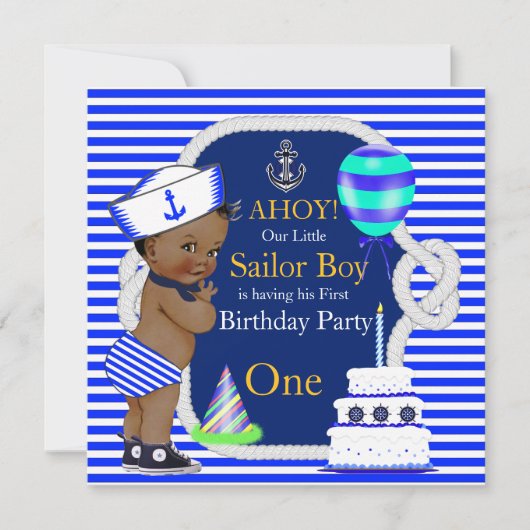 1歳の誕生日セーラー服 男の子 ネイビーブルーストライプ エスニック 招待状 (正面)