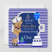 1歳の誕生日セーラー服 男の子 ネイビーブルーストライプ 招待状 (正面)