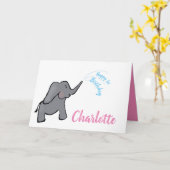 1歳の誕生日ゾウのピンクの少女 カード (黄色い花)