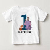 1歳の誕生日ダークブルージャングル動物の少年 ベビーTシャツ (正面)
