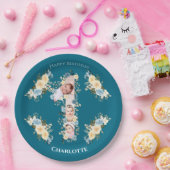 1歳の誕生日ティール（緑がかった色）フォトコラージブルーイエローフラワー ペーパープレート (パーティー)