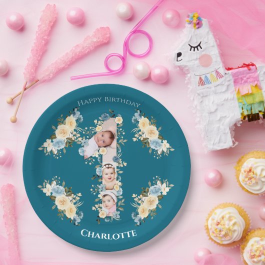 1歳の誕生日ティール（緑がかった色）フォトコラージブルーイエローフラワー ペーパープレート (パーティー)