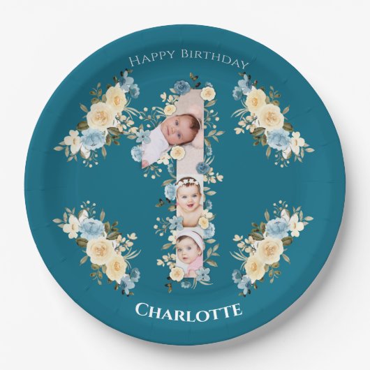 1歳の誕生日ティール(緑がかった色)フォトコラージブルーイエローフラワー ペーパープレート (正面)