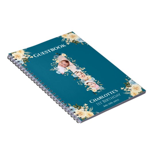 1歳の誕生日ティール(緑がかった色)花写真イエローゲストブック ノートブック (右側)
