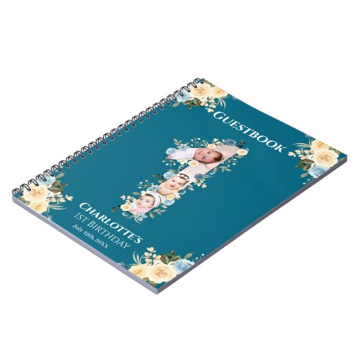 1歳の誕生日ティール(緑がかった色)花写真イエローゲストブック ノートブック (左側)