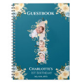 1歳の誕生日ティール(緑がかった色)花写真イエローゲストブック ノートブック (正面)