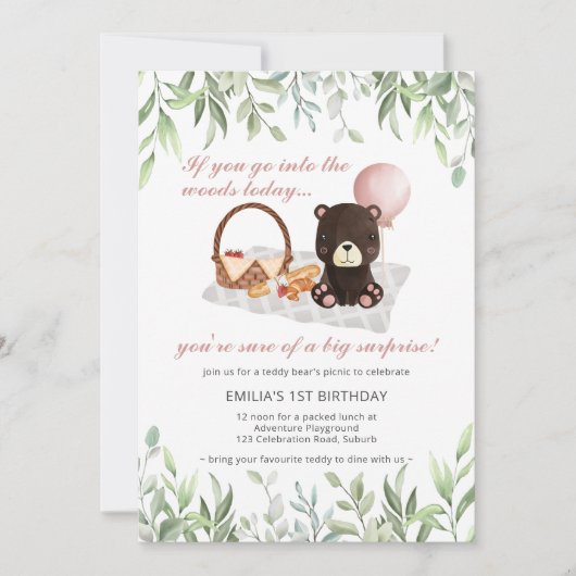 1歳の誕生日テディベアピクニックピンクの緑 招待状 (正面)