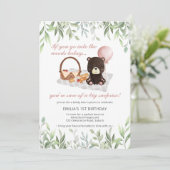 1歳の誕生日テディベアピクニックピンクの緑 招待状 (スタンド正面)