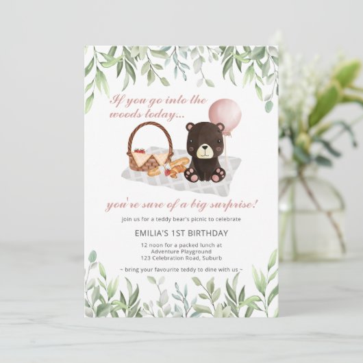 1歳の誕生日テディベアピクニックピンクの緑 招待状 (スタンド正面)