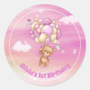1歳の誕生日テディベアピンクバルーン ラウンドシール