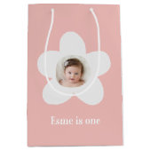 1歳の誕生日デイジーボホレトロピンク ミディアムペーパーバッグ (正面)