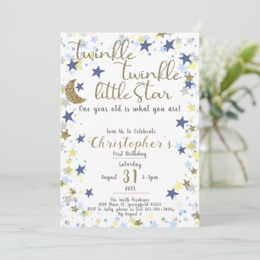 1歳の誕生日トゥインクルリトルスター金ゴールドボーイ 招待状 (スタンド正面)