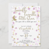 1歳の誕生日トゥインクルリトルスター金ゴールド女の子 招待状 (正面)
