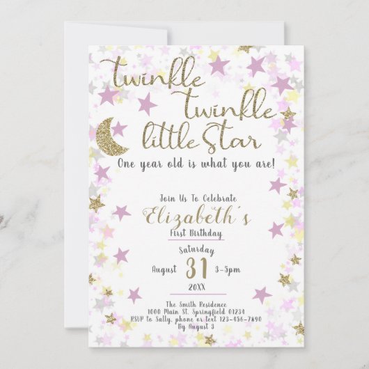 1歳の誕生日トゥインクルリトルスター金ゴールド女の子 招待状 (正面)