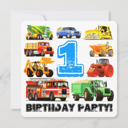1歳の誕生日トラックパーティー 招待状 (正面)