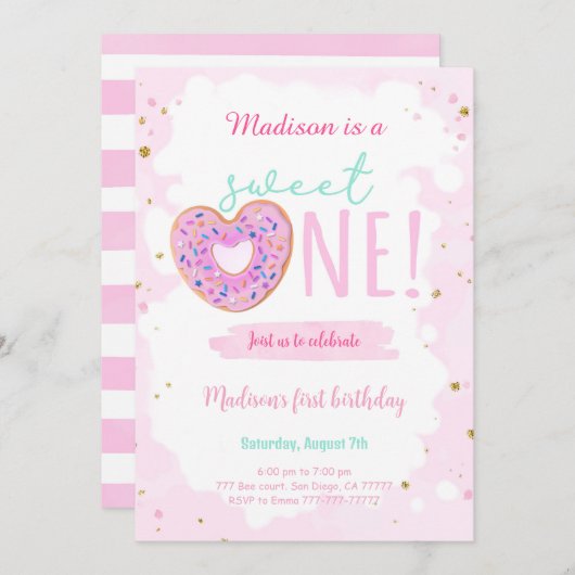 1歳の誕生日ドーナツパーティー 招待状 (正面/裏面)