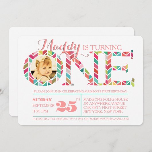 1歳の誕生日ナンバーワンフォト招待状 招待状 (正面/裏面)