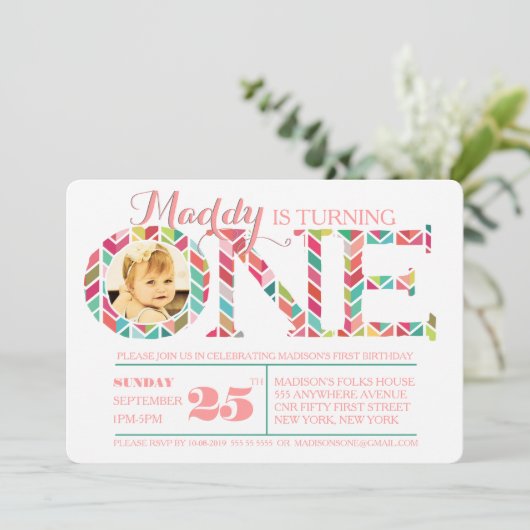 1歳の誕生日ナンバーワンフォト招待状 招待状 (スタンド正面)