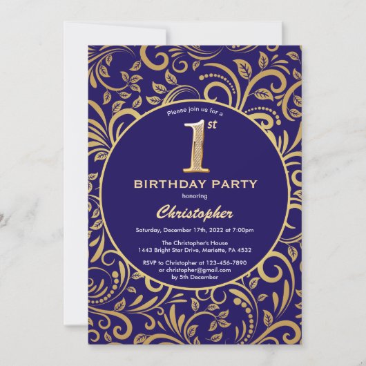1歳の誕生日ネイビーブルーと金ゴールドフローラルパターン 招待状 (正面)