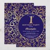 1歳の誕生日ネイビーブルーと金ゴールドフローラルパターン 招待状 (正面/裏面)