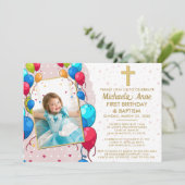 1歳の誕生日バプティスピンク金ゴールド文字フォトクロス 招待状 (スタンド正面)