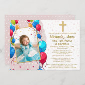 1歳の誕生日バプティスピンク金ゴールド文字フォトクロス 招待状 (正面/裏面)