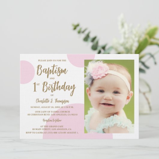 1歳の誕生日バプテスマ写真ピンク金ゴールドカスタム 招待状 (スタンド正面)