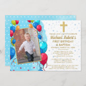 1歳の誕生日バプテスムブルー金ゴールド文字フォトバルーン 招待状 (正面/裏面)