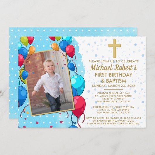1歳の誕生日バプテスムブルー金ゴールド文字フォトバルーン 招待状 (正面/裏面)