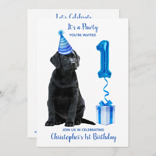 1歳の誕生日パピーテーマパウィティ – かわいい犬のブルーボーイ 招待状 (正面/裏面)
