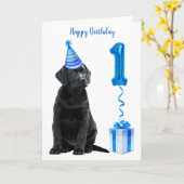 1歳の誕生日パピーテーマ – かわいい犬の青い男の子パティー カード (黄色い花)