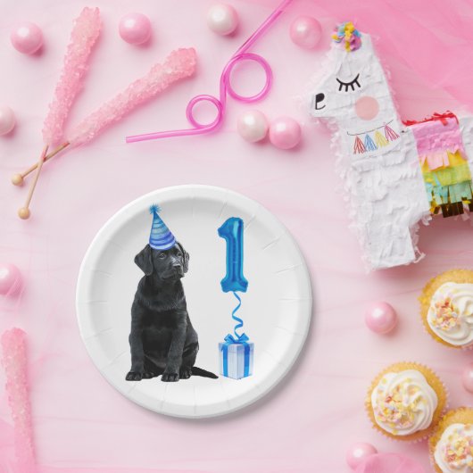 1歳の誕生日パピーテーマ – かわいい犬の青い男の子パティー ペーパープレート (パーティー)