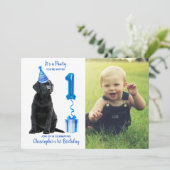 1歳の誕生日パピーテーマ – かわいい犬の青い男の子パティー 招待状 (スタンド正面)