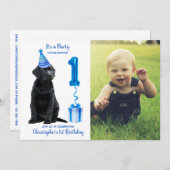 1歳の誕生日パピーテーマ – かわいい犬の青い男の子パティー 招待状 (正面/裏面)