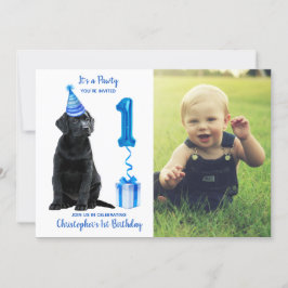 1歳の誕生日パピーテーマ – かわいい犬の青い男の子パティー 招待状