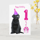 1歳の誕生日パピーテーマ – かわいい犬ピンクの女の子パティー カード (黄色い花)