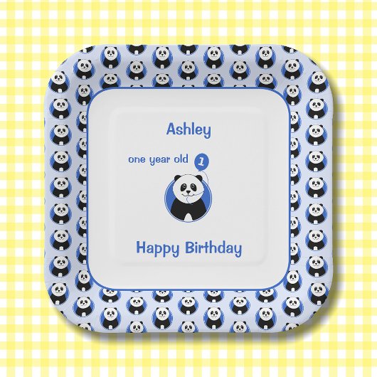 1歳の誕生日パンダの青いバルーン ペーパープレート